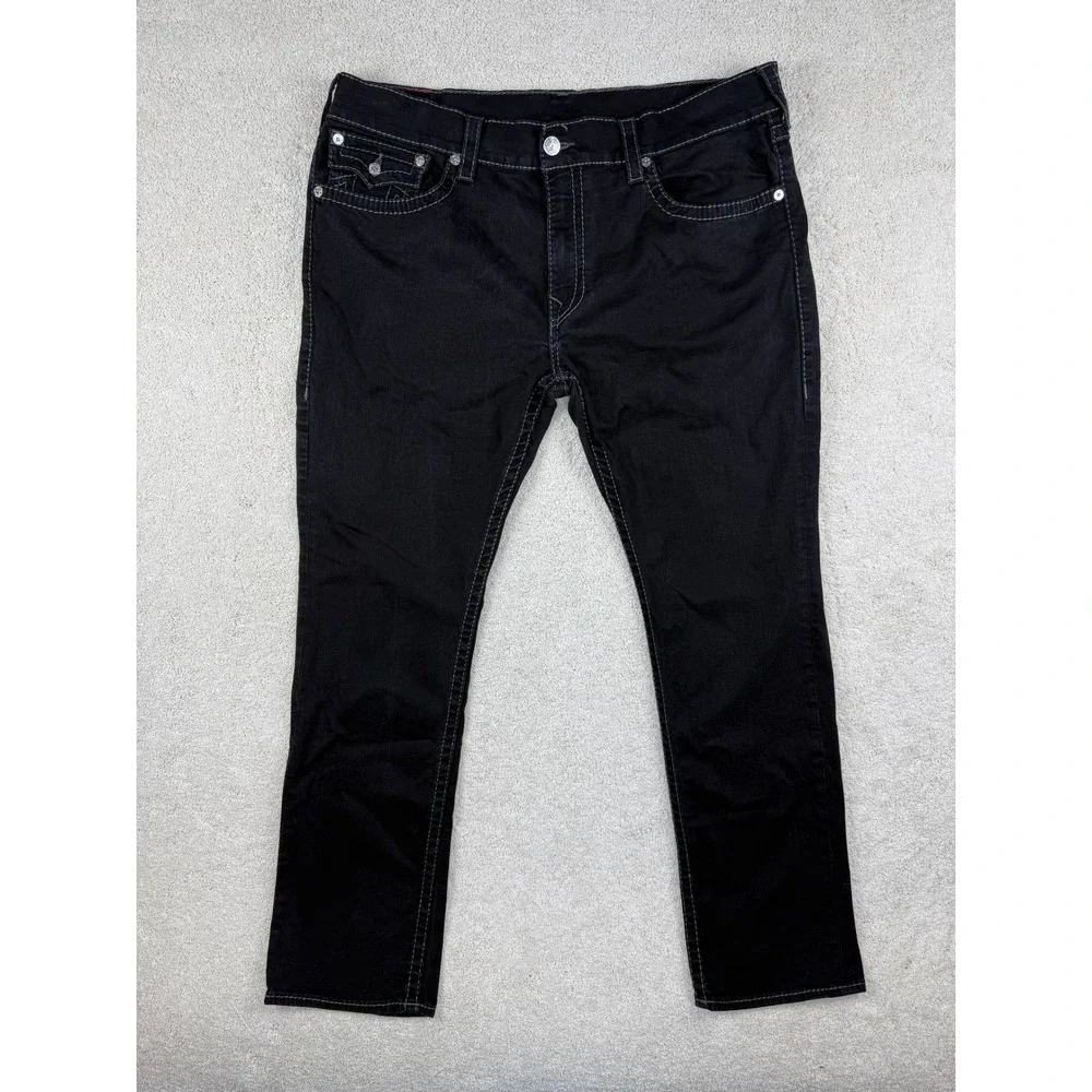TRUE RELIGION Men's Sz42 (42x31.5) RICKY FLAP BIG T Rinse Black Wash Jeans #1671
